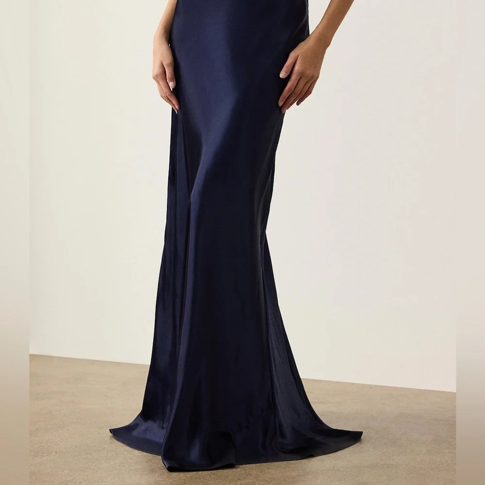 RALPH LAUREN COLLECTION MASSINA STRETCH SATIN SKIRT IN NAVY BLUE